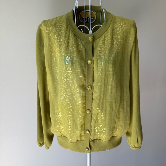 ST. John sequined button up cardigan crew neck long sleeve lime green sweater L - Picture 1 of 13